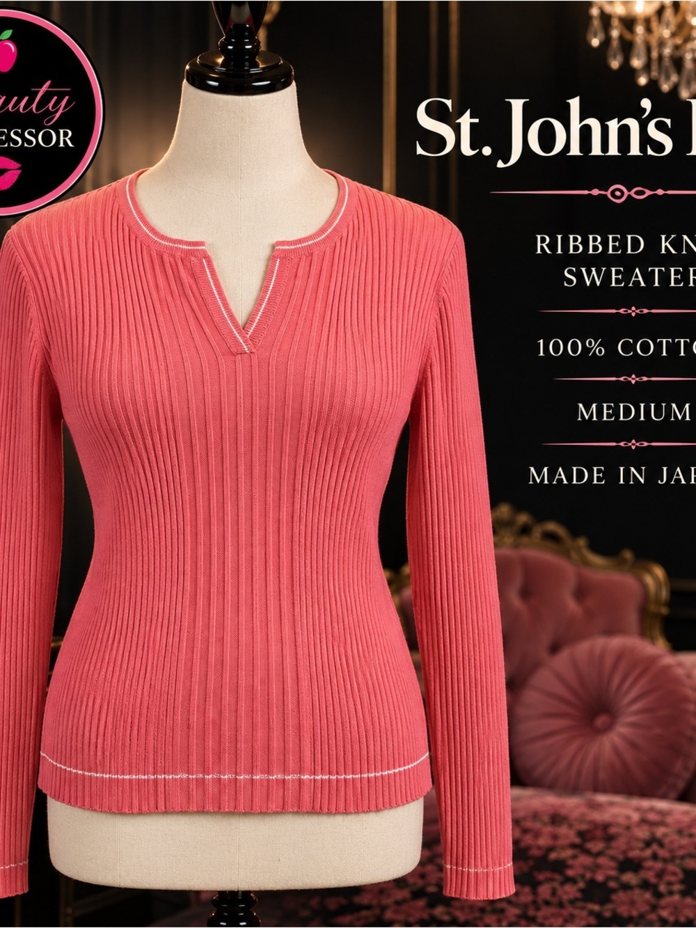 St. John’s Bay Y2K Coral Rose Ribbed Cotton Sweater Medium